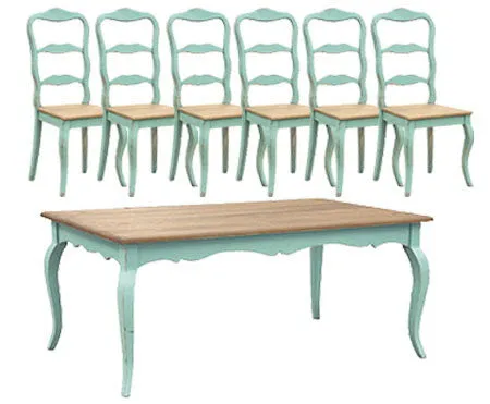 French Country Dining, Turquoise French Dining Table Set (1 Table 6 Chairs)