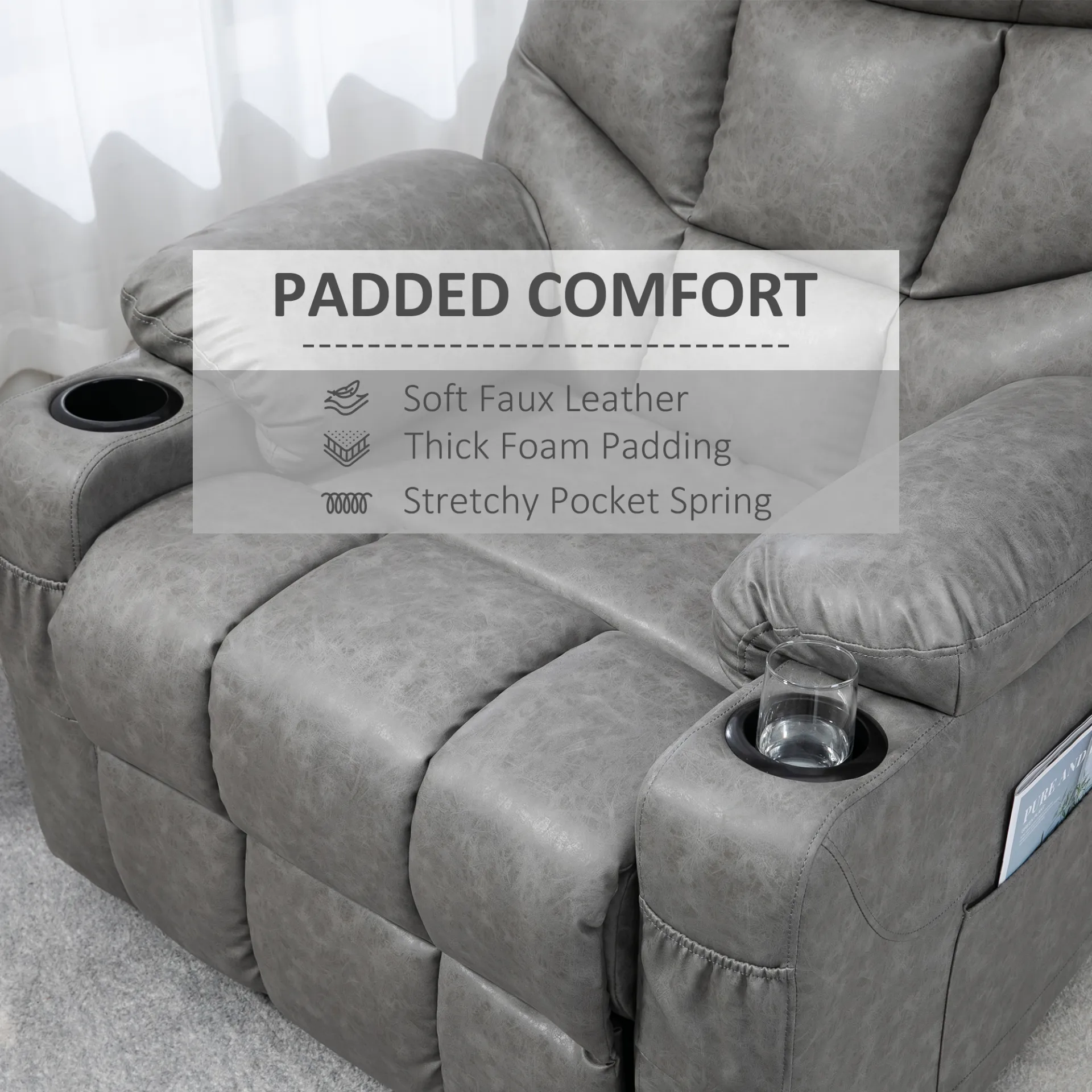 HOMCOM Manual Recliner Chair | Overstuffed PU Leather Armchair with Footrest & Cup Holders | Light Grey Recliner for Living Room & Bedroom