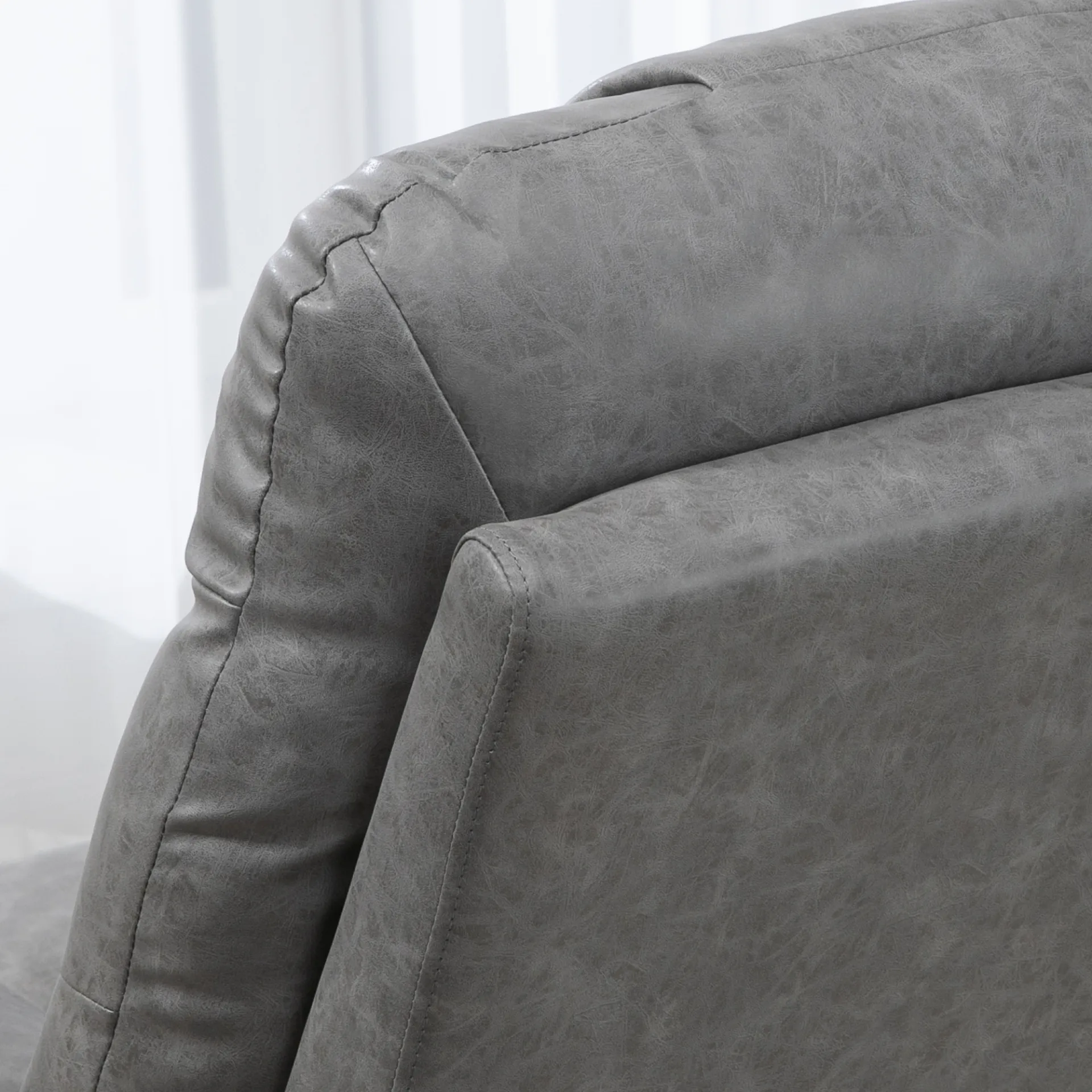 HOMCOM Manual Recliner Chair | Overstuffed PU Leather Armchair with Footrest & Cup Holders | Light Grey Recliner for Living Room & Bedroom
