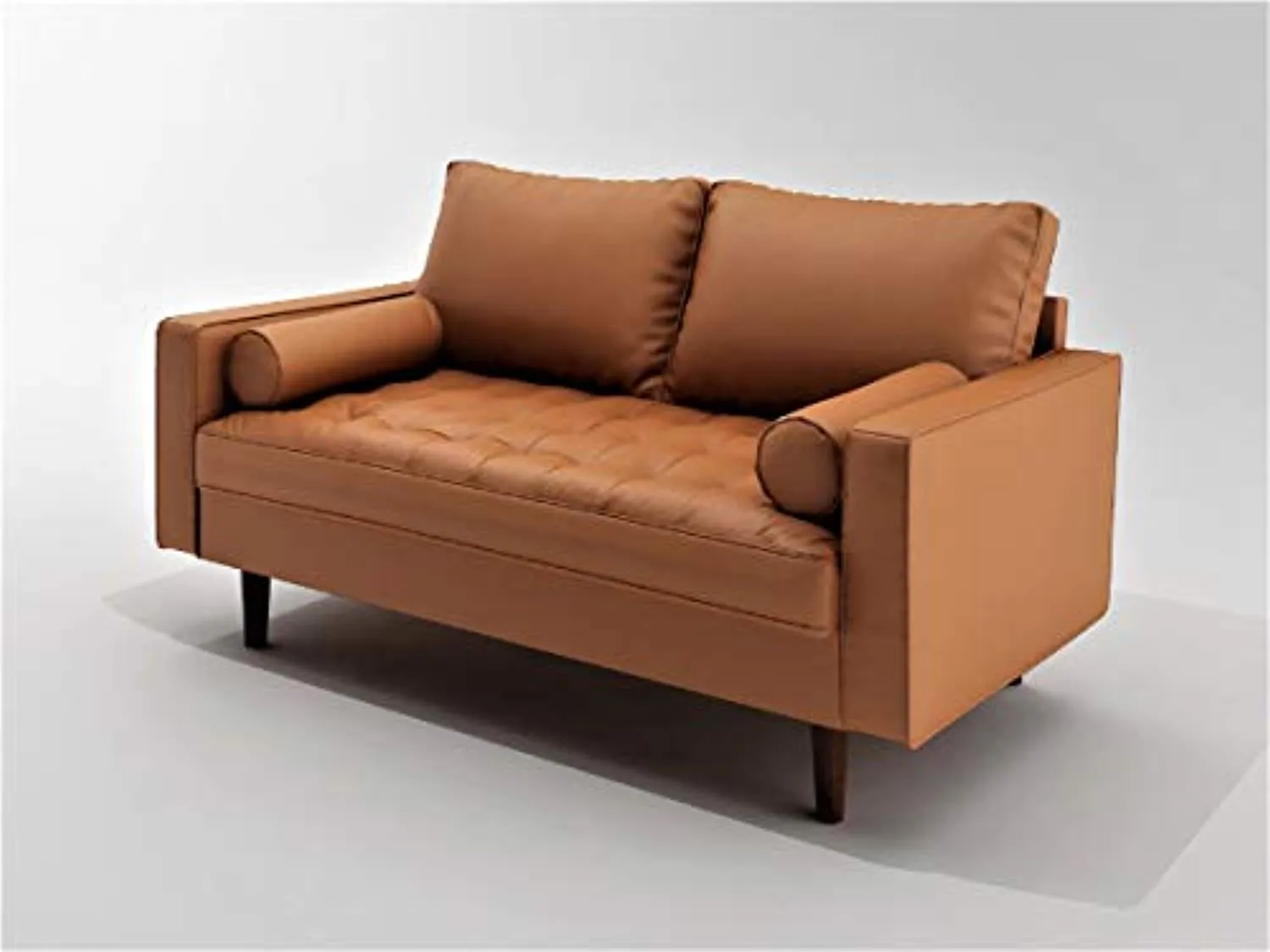 Orion Mid Century Modern Faux Leather Upholstered Sofa Loveseat Set with Bolster Pillows