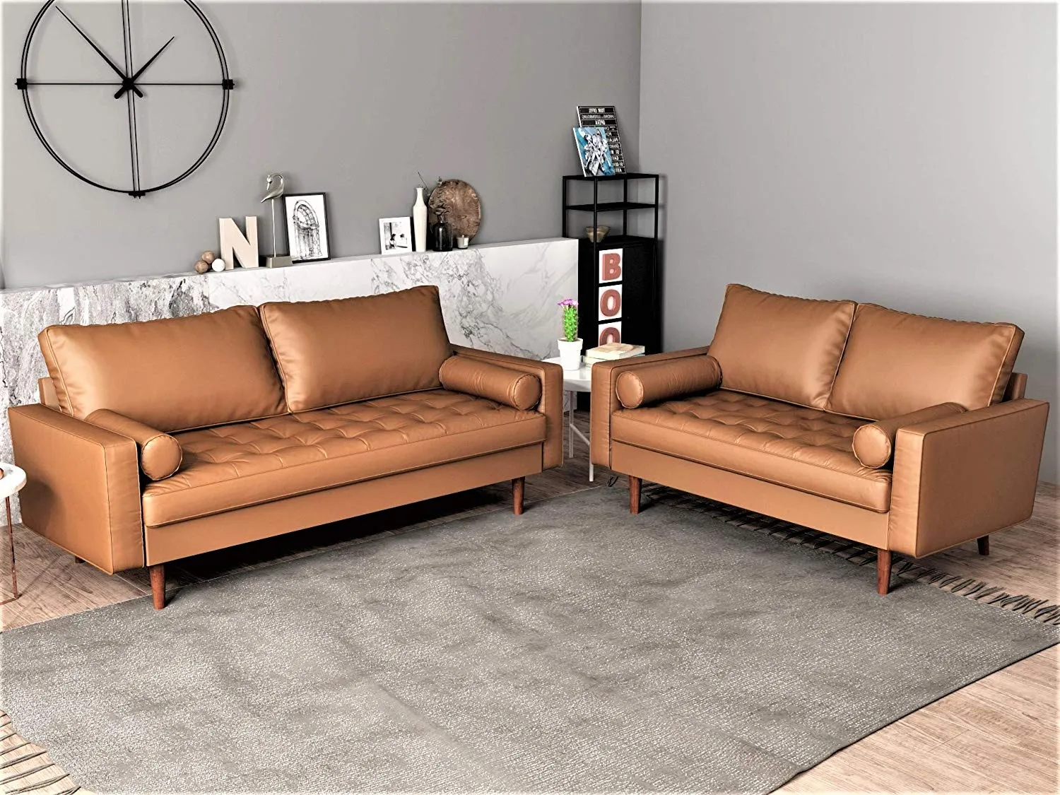 Orion Mid Century Modern Faux Leather Upholstered Sofa Loveseat Set with Bolster Pillows