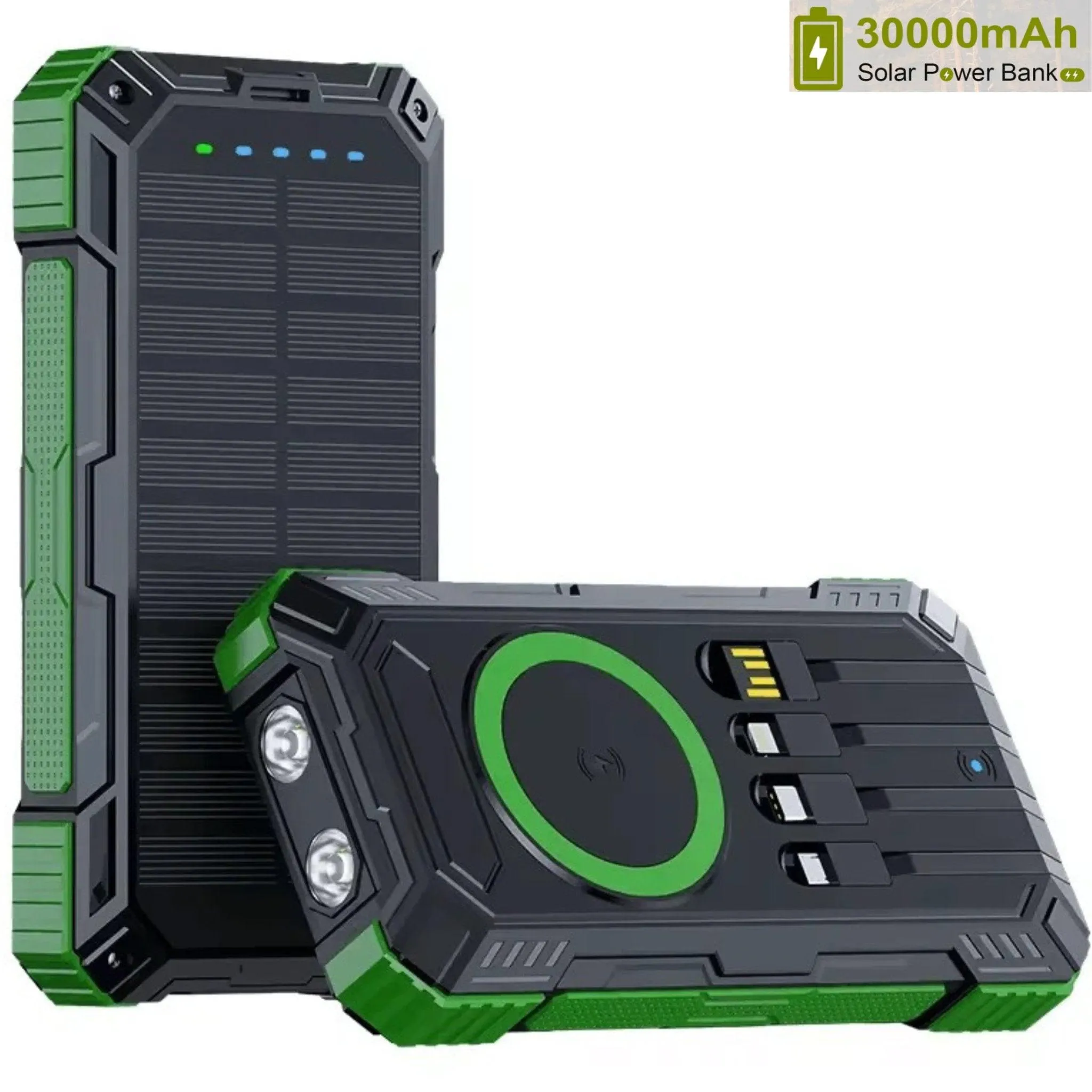 TUTT 30000mAh Portable Rugged Solar-Dual Mode Charging Waterproof Outdoor Power Bank | External Battery 4 Built-In USB Cables | Fast Wireless Charging | 7 Output With Flashlight SOS